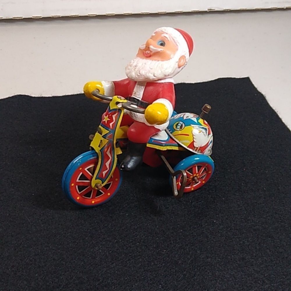 Vintage Litho Tin Wind-up Toy w/ Key Tricycle Celluloid Santa Cottagecore
